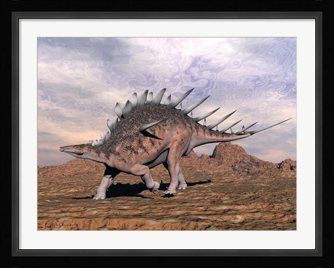 Framed Kentrosaurus dinosaur walking in the desert Print
