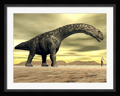 Framed Large Argentinosaurus dinosaur face to face with a human Print