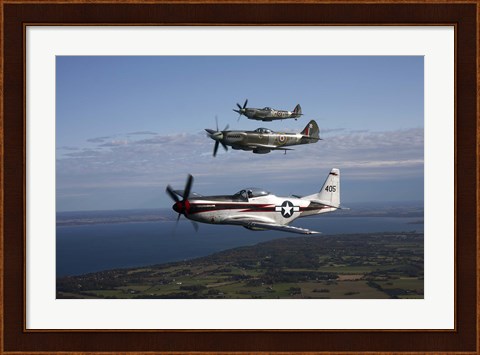 Framed P-51 Cavalier Mustang with Supermarine Spitfire fighter warbirds Print