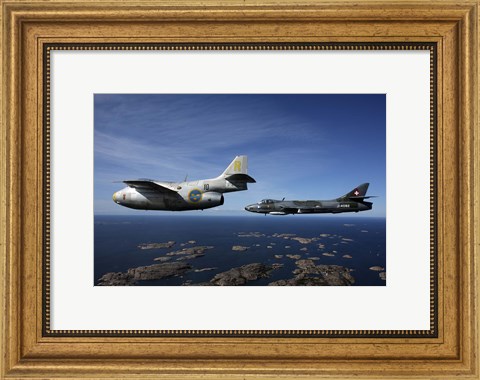 Framed Saab J 29 and Hawker Hunter vintage jet fighters of the Swedish Air Force Historic Flight Print