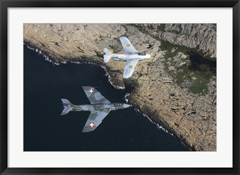 Framed Saab J 29 Flying Barrel and Hawker Hunter vintage jet fighters of the Swedish Air Force Print