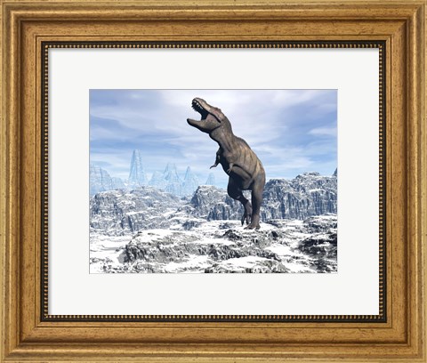 Framed Tyrannosaurus Rex dinosaur in a snowy landscape Print