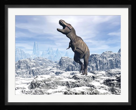 Framed Tyrannosaurus Rex dinosaur in a snowy landscape Print