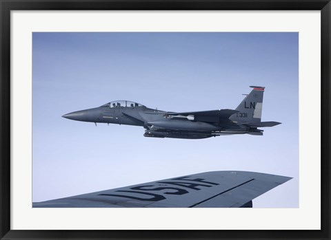Framed US Air Force F-15E Strike Eagle over the wing of a KC-135 Stratotanker Print
