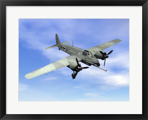 Framed World War II era German aircraft with swastika flying in the sky Print