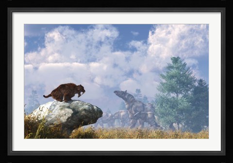 Framed Eusmilus watches a herd of Paraceratherium Print