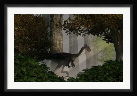 Framed Gigantoraptor in a dense prehistoric forest Print