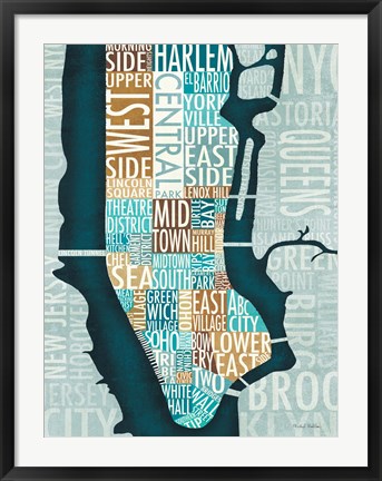 Framed Manhattan Map Blue Brown Print