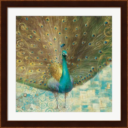 Framed Teal Peacock on Gold Print