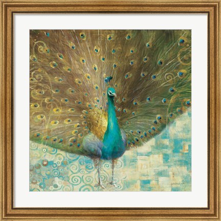 Framed Teal Peacock on Gold Print
