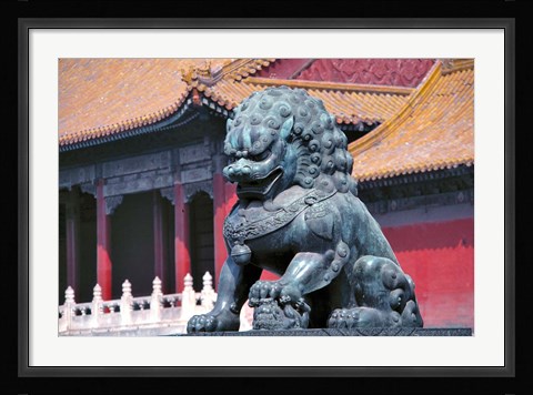 Framed China, Beijing, Lion statue guards Forbidden City Print