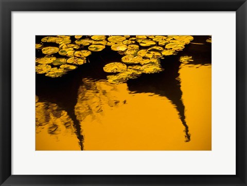 Framed Lily Pond and Temple Reflection in Yellow, China Print