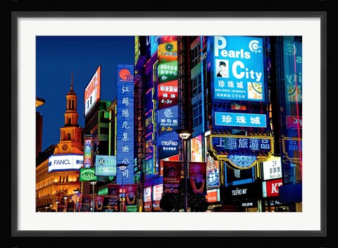 Framed neon signs along the shopping and business center at night, Nanjing Road, Shanghai, China Print