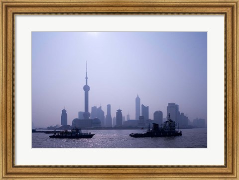 Framed Water Traffic along Huangpu River Passing Oriental TV Tower and Pudong Skyline, Shanghai, China Print