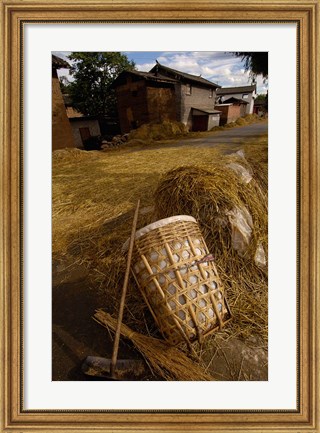 Framed Bai Minority Laying Wheat on the Road, Jianchuan County, Yunnan Province, China Print