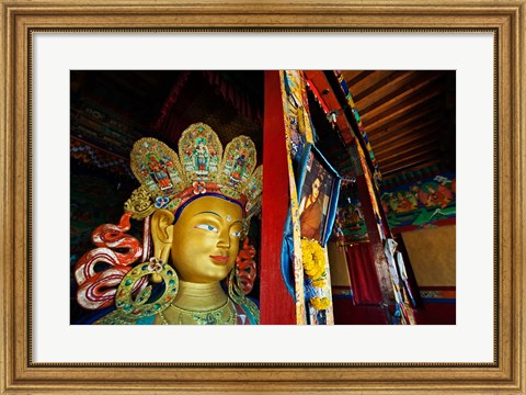 Framed Dalai Lama Picture Beside Maitreya Buddha, Thiksey Monastery, Thiksey, Ladakh, India Print