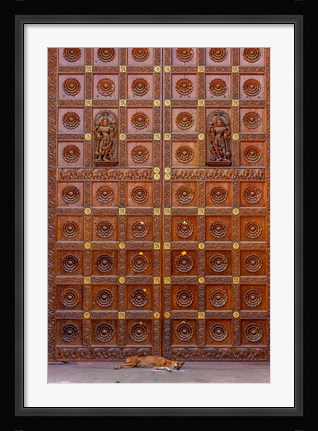 Framed Dog and Door at Temple in Sai Baba ashram, India Print