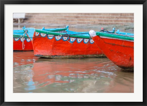 Framed Wooden Boats in Ganges river, Varanasi, India Print
