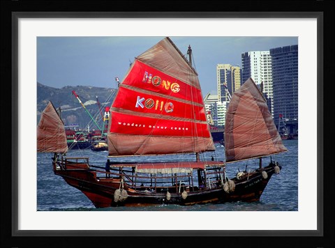 Framed Duk Ling Junk Boat Sails in Victoria Harbor, Hong Kong, China Print