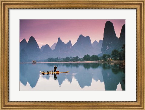 Framed Cormorant fishing at dusk, Li river, Guangxi, China Print