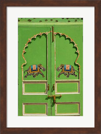 Framed Elephants painted on green door, City Palace, Udaipur, India Print