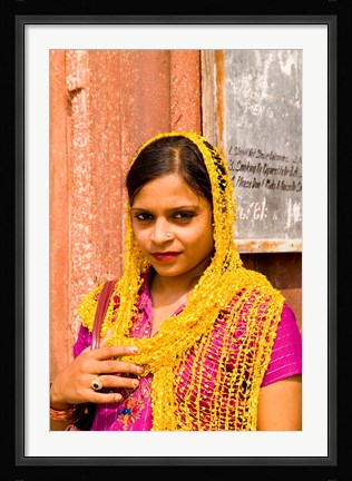 Framed Woman in Colorful Sari in Old Delhi, India Print
