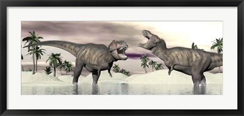 Framed Two Tyrannosaurus rex dinosaurs fighting in the water Print