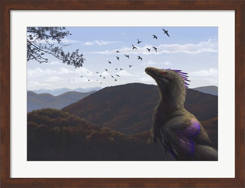 Framed Velociraptor in an autumn landscape Print