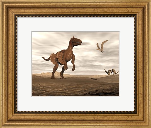 Framed Velociraptor dinosaur in desert landscape with two pteranodon birds Print