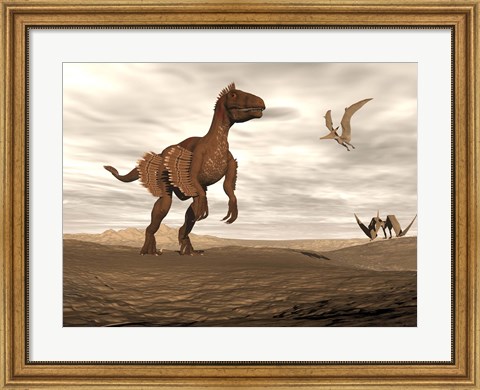 Framed Velociraptor dinosaur in desert landscape with two pteranodon birds Print