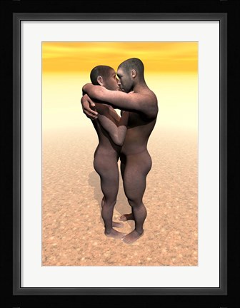 Framed Male and female Homo erectus hugging in the desert Print