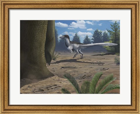 Framed deinonychosaur leaves tracks across a Cretaceous China landscape Print