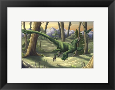 Framed bright green Velociraptor runs through a prehistoric forest Print