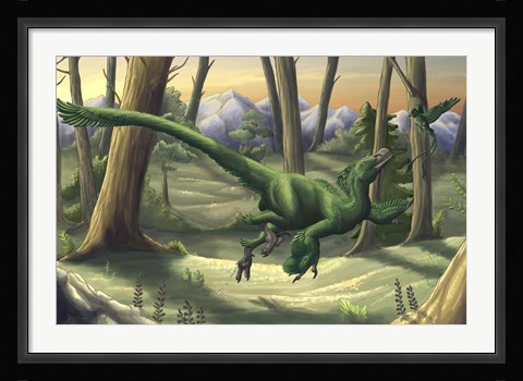 Framed bright green Velociraptor runs through a prehistoric forest Print