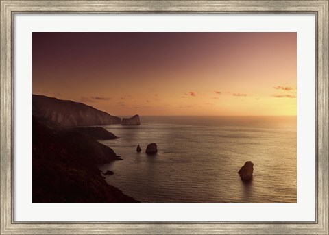 Framed Aerial view of sea and mountains at sunset, Nebida, Sardinia, Italy Print