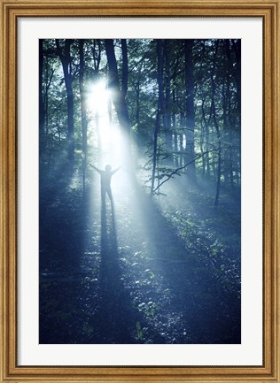 Framed Silhouette of a man standing in the misty rays of a dark forest, Denmark Print