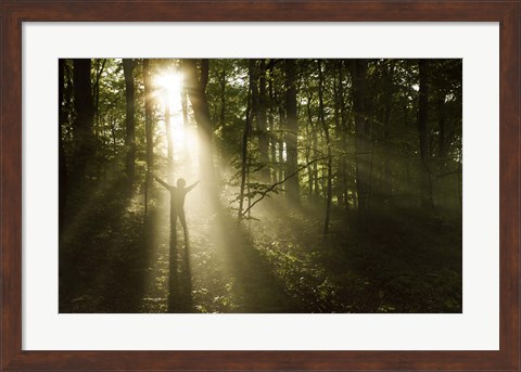Framed Silhouette of a man standing in the sunrays of a dark, misty forest, Denmark Print