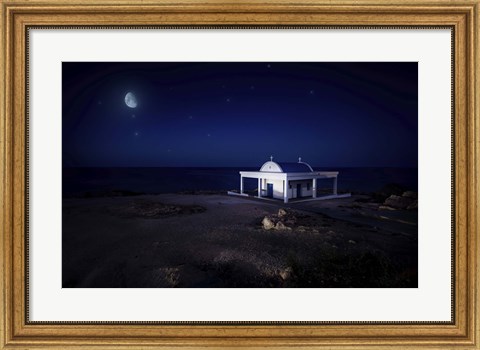 Framed small church at night with starry sky, Crete, Greece Print