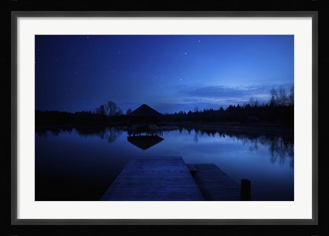 Framed small pier in a lake against starry sky, Moscow region, Russia Print