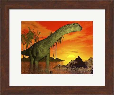 Framed Large Argentinosaurus dinosaur in water at sunset Print