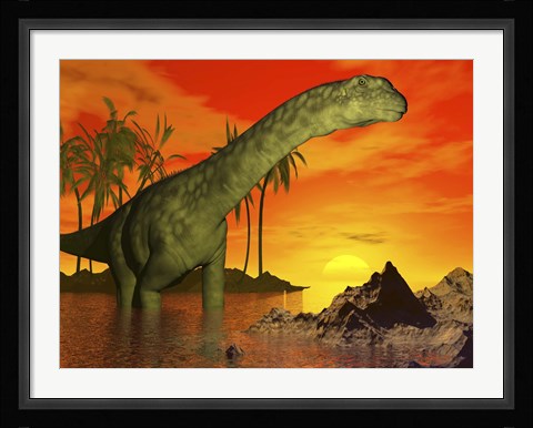 Framed Large Argentinosaurus dinosaur in water at sunset Print