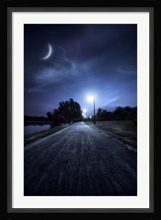 Framed road in a park at night against moon and moody sky, Moscow, Russia Print
