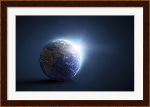 Framed Planet Earth and sunlight on a dark blue background Print
