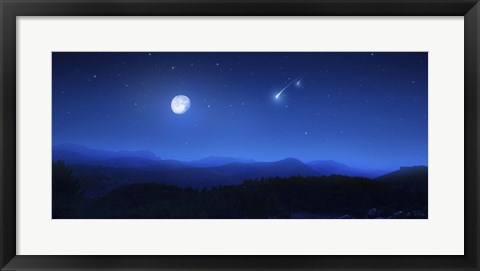 Framed Mountain range on a misty night with moon and starry sky Print