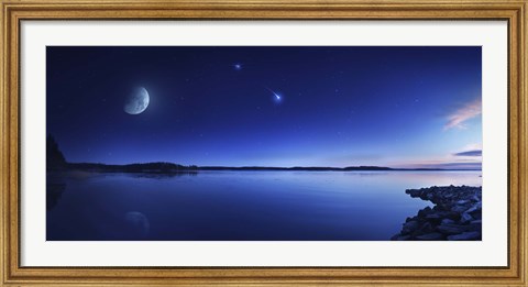 Framed Tranquil lake against starry sky, moon and falling meteorite, Finland Print