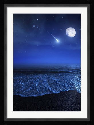 Framed Tranquil ocean at night against starry sky, moon and falling meteorite Print