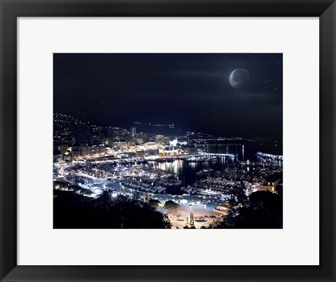 Framed Aerial view of Port Hercules in Monaco at night Print