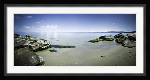 Framed Panoramic view of tranquil sea and boulders against blue sky, Burgas, Bulgaria Print