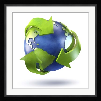 Framed 3D Rendering of planet Earth surrounded by the recycle symbol Print