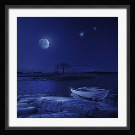 Framed boat moored near an icy stone in a lake against starry sky, Finland Print
